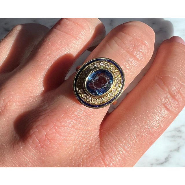 1960s Halo Ring in Gold, Ceylon Sapphire, Diamonds, and Enamel, Size 7.5 For Sale - Image 9 of 9