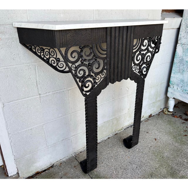 1920s French Art Deco Textured Iron Marble Top Console Table For Sale In Boston - Image 6 of 8