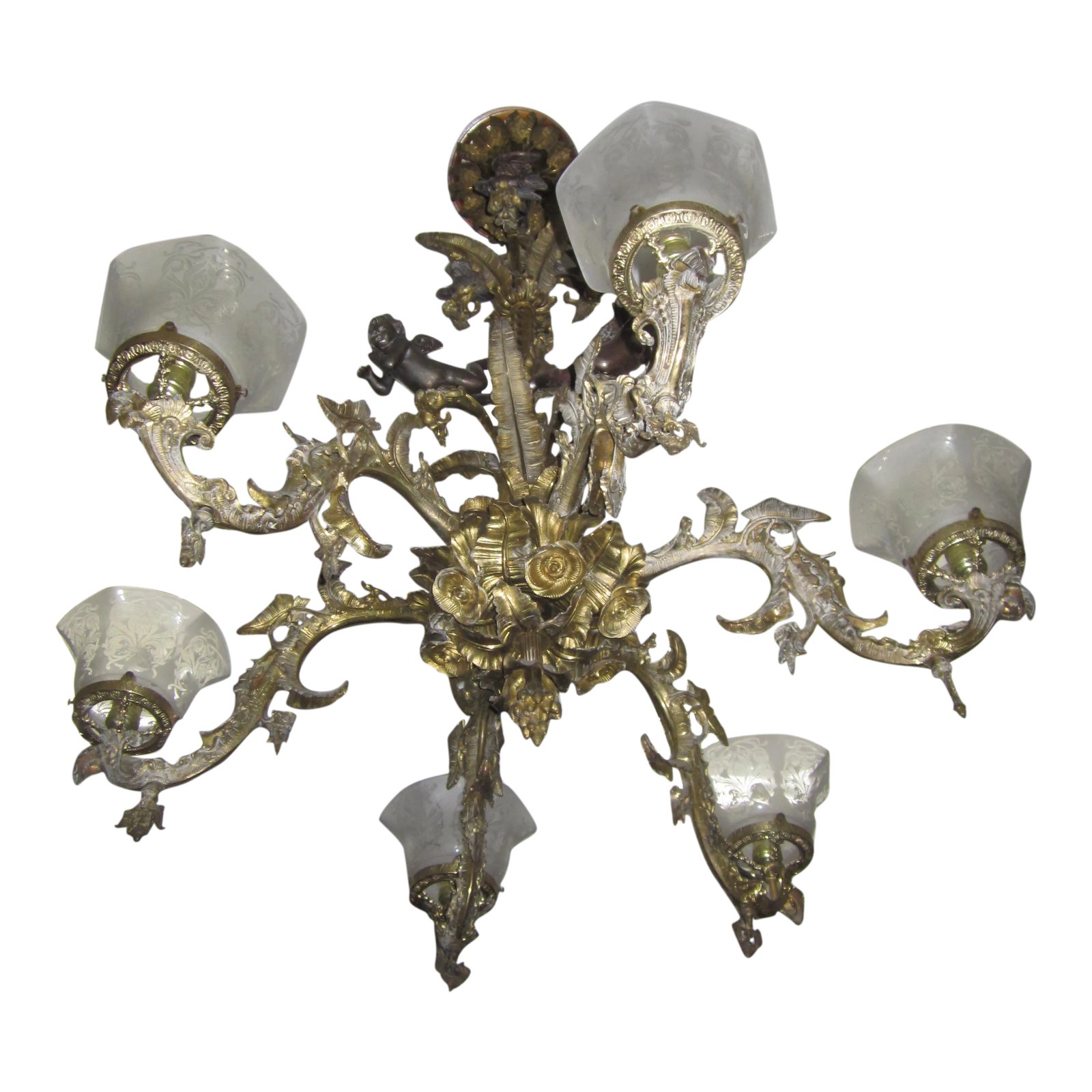 1840s Large American Gilt Bronze Six Arm Gasolier by Cornelius