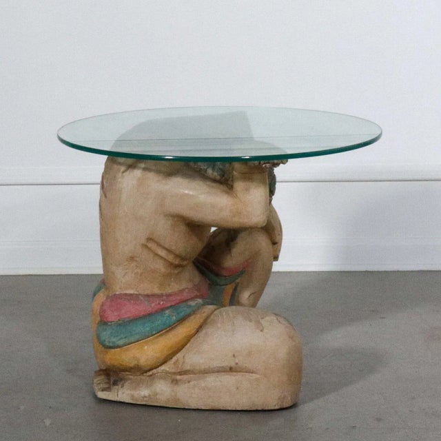 1960's Polychrome Hand Wood Carved Figural and Glass Side Table For Sale - Image 4 of 10