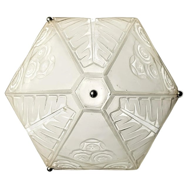 French Art Deco Hexagonal shaped flush mount created by "Marius Ernest SABINO" (1878-1961). Clear frosted glass with...