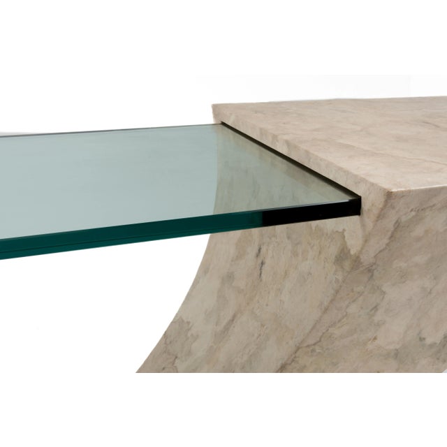 Cream Vintage Cantilevered Faux Goatskin Glass Hall Sofa Console Table After Karl Springer Brueton 1970s For Sale - Image 8 of 12