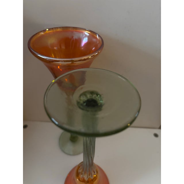 Late 20th Century Late 20th Century Rick Strini Iridescent Orange & Green Art Glass Tulip Goblets, Pair For Sale - Image 5 of 7