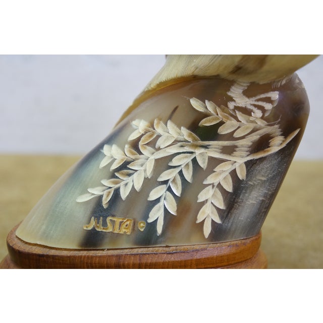 Mid 20th Century Justa Carved Buffalo Horn Bird Figurine on Wood Base MCM Sculpture For Sale - Image 6 of 11