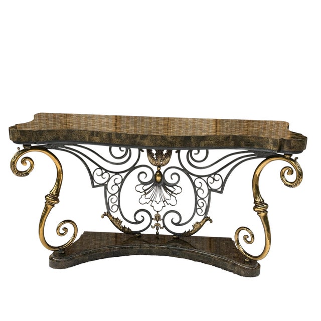 Metal Vintage Henredon Tessellated Stone Console With Sculptural Gold-Tone Scrollwork For Sale - Image 7 of 18