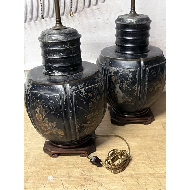 Mid 19th Century Antique Chinese Tea Canister Tole Lamps - a Pair For Sale - Image 5 of 12