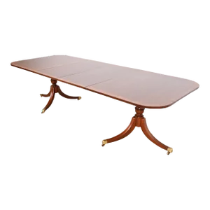 Baker Furniture Style Georgian Banded Mahogany Double Pedestal Extension Dining Table, Newly Refinished