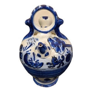 Spanish Blue and White Tin-Glazed Earthenware Botijo (Drinking Vessel) For Sale