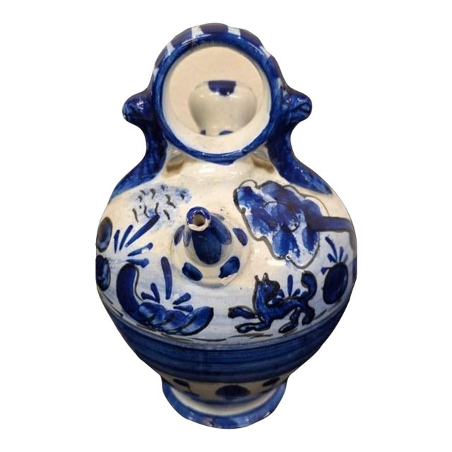 Spanish Blue and White Tin-Glazed Earthenware Botijo (Drinking Vessel) For Sale
