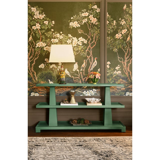 Not Yet Made - Made To Order Matthew Izzo Home Lowen Textured Green Linen Three Tier Console Table For Sale - Image 5 of 7