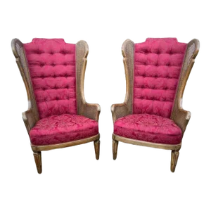 Pair of Vintage Burgundy Upholstered and Cane Wingback Armchairs