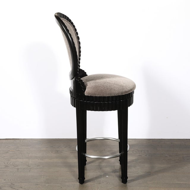 Art Deco Style Scalloped & Fluted Detailed Ebonized Walnut Swiveling Barstools For Sale - Image 13 of 18