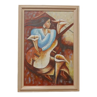 1980s Abstract Girl With Cello & Calla Lillies Painting, Framed For Sale