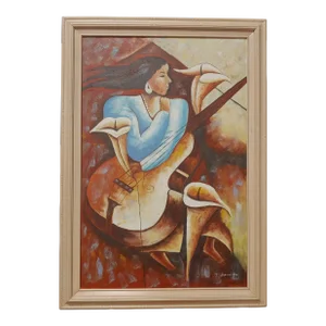 1980s Abstract Girl With Cello & Calla Lillies Painting, Framed