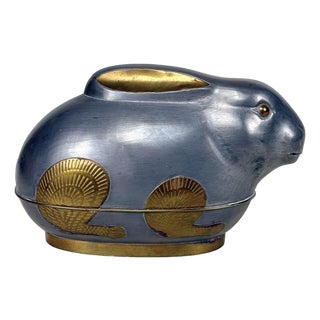 Vintage Asian Pewter & Brass Figural Rabbit Storage Box For Sale