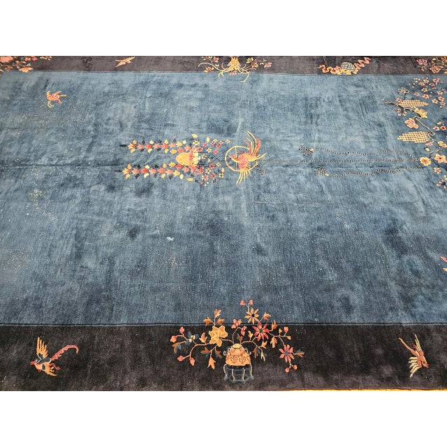 Antique Chinese Art Deco Rug, Hand-Knotted Wool Pile, Phoenix Motif Design, French Blue & Navy, 10' X 17’ For Sale In Chicago - Image 6 of 17