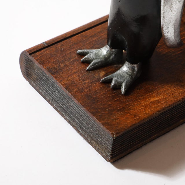 Pair of Art Deco Walnut, Black Enamel & Brass Sculptural Penguin Bookends For Sale - Image 11 of 12