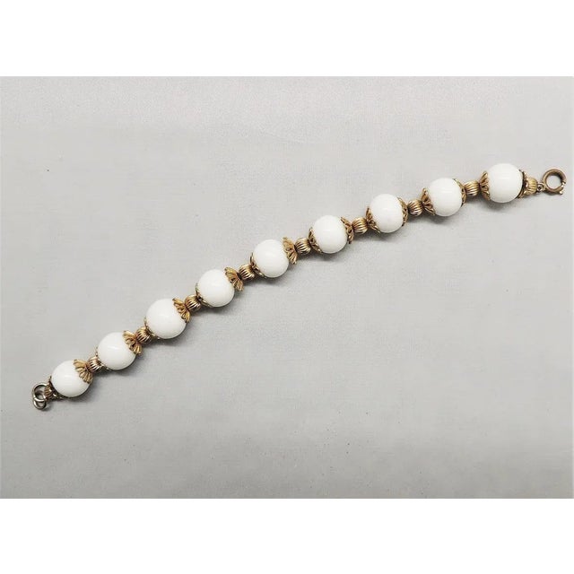 Gold Vintage 1950s Signed Napier Goldtone White Resin Bead Bracelet For Sale - Image 8 of 8
