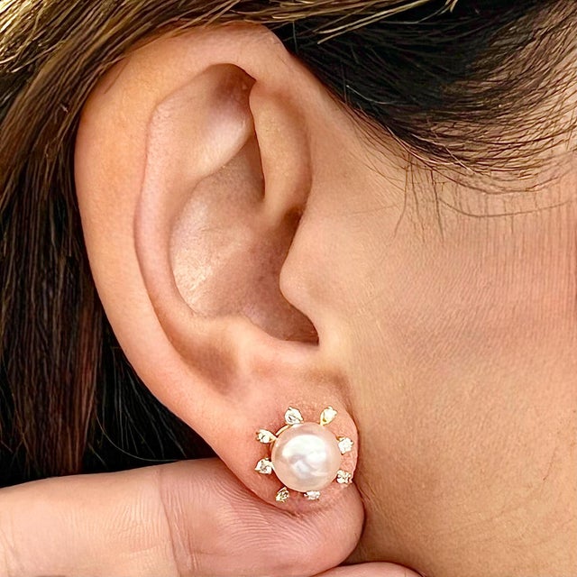 Traditional Diamond Akoya Pearl Earrings 14 Karat Yellow Gold Certified For Sale - Image 3 of 11
