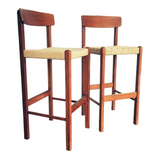Hans Wegner Style Rope Seat Bar Stools - A Pair For Sale