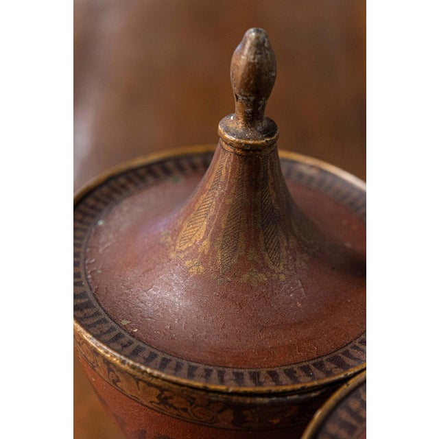 Terra Cotta Pair of Italian 19th Century Napoleon III Lacquered Tin Lidded Vases with Scenes For Sale - Image 8 of 11