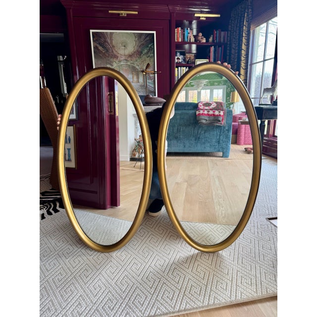 Matching Pair of Mid 20th Century Giltwood Oval Wall Mirrors - 20" X 38" For Sale In Chicago - Image 6 of 6