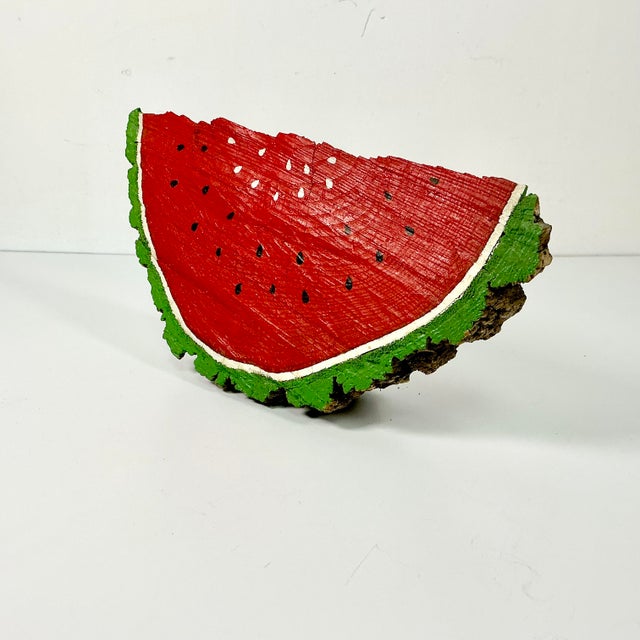 Wood Vintage Folk Art Boho Chic Arts & Crafts Elm Wedge Watermelon Sculpture, Hand Carved, Painted For Sale - Image 7 of 12