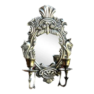 Ornate Vintage Silver Mirrored Double Candelabra Candle Wall Sconce With Baroque Detailing