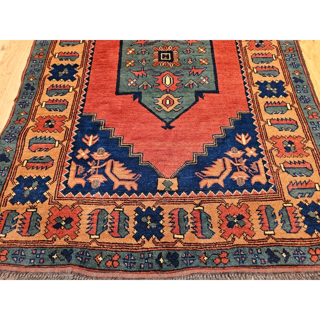 Vintage Kurdish Tribal Rug With Medallion Design in Red, Green & Saffron For Sale - Image 4 of 18