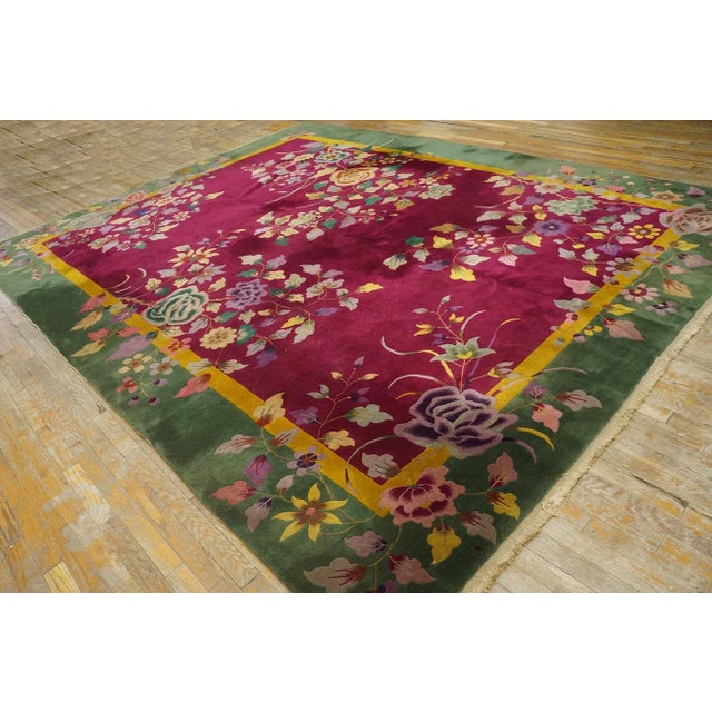 1920s Red Burgundy Floral Antique Chinese Art Deco Carpet 9' X 11'7" Knotted Wool Rug For Sale - Image 12 of 12