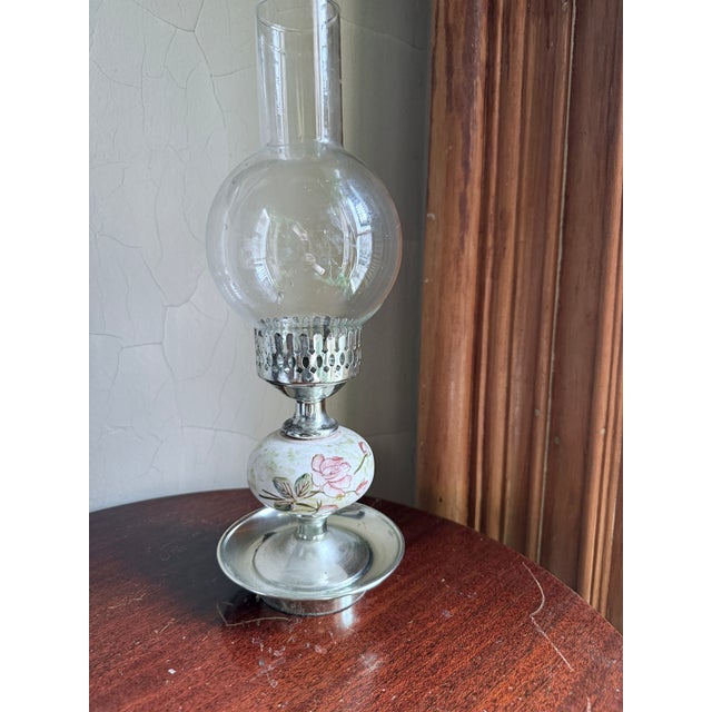 White Vintage Mid Century Hurricane Oil Lamp Floral Ceramic Silver Base Glass Chimney For Sale - Image 8 of 9