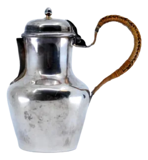 Plain Silver Milk Jug with Straw Handle and Knob on the Hinged Lid