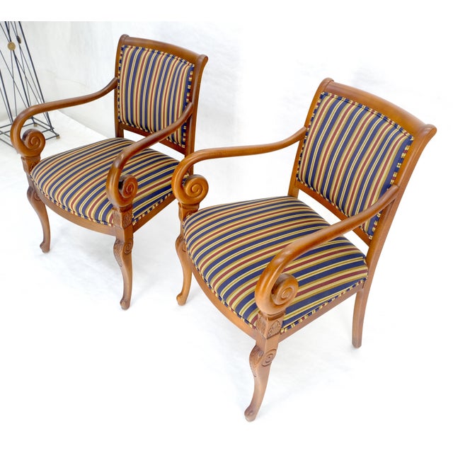 Pair of Regency Style Carved Open Arm Fireside Lounge Chairs Stripe Upholstery For Sale - Image 17 of 18