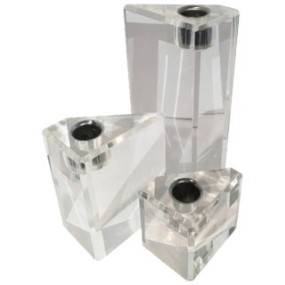 Set of Three Triangular Acrylic Candlesticks For Sale