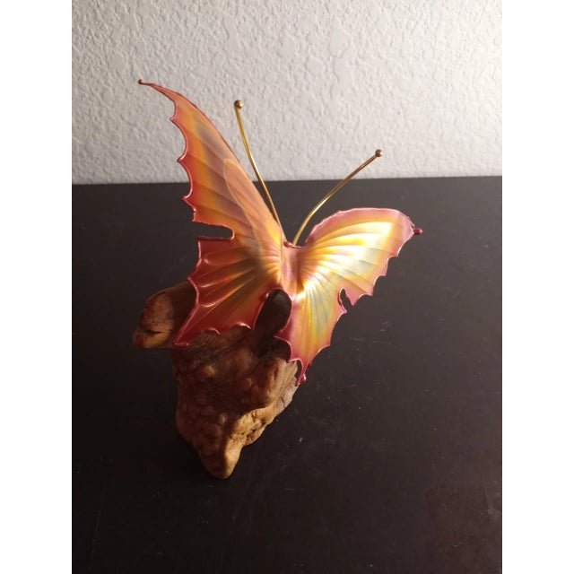 1970s Brutalist Brass Butterfly on Driftwood Base Sculpture For Sale - Image 5 of 8