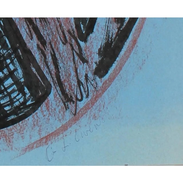 This late 20th century ink and charcoal on paper abstract with blue, black, and red is by French-American painter...