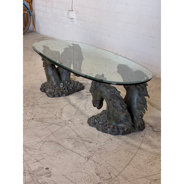 1970s Vintage Bronze Sculptural Horses and Glass Top Coffee Table For Sale - Image 5 of 12