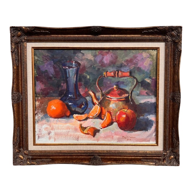 "Copper Teapot With Apple and Orange" Oil Painting by Bruce Williamson For Sale