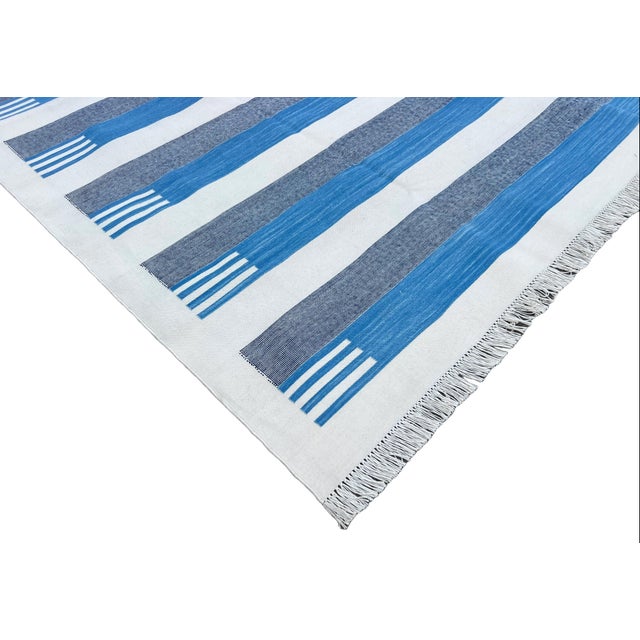 Handmade Cotton Area Rug, Sky Blue and White Cotton Vegetable Dyed Striped Dhurrie-6'x9' For Sale - Image 6 of 12