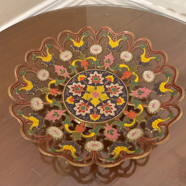 1970s Vintage Painted Decorative Floral Brass Bowl For Sale - Image 5 of 10