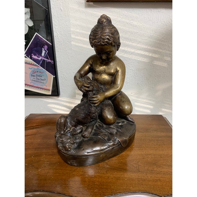 Traditional Vintage Bronze Style Sculpture of Child Bathing Dog Figurine – Classical European Style Statue For Sale - Image 3 of 12