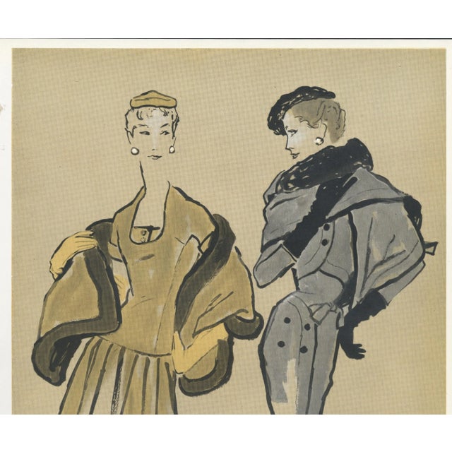 This is a 1954 Mid-Century fashion print that originally appeared in a French haute couture magazine that catered to the...