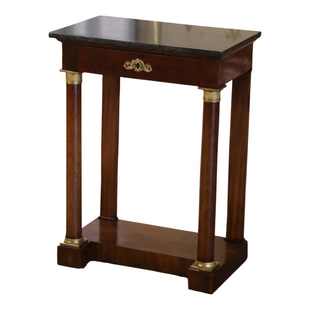 19th Century French Empire Marble Top Mahogany Console Table With Drawer For Sale