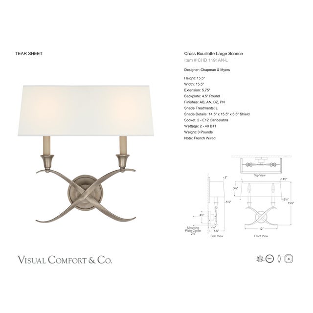 Traditional Chapman & Myers for Visual Comfort Signature Cross Bouillotte Large Sconce in Antique Nickel with Linen Shade For Sale - Image 3 of 4