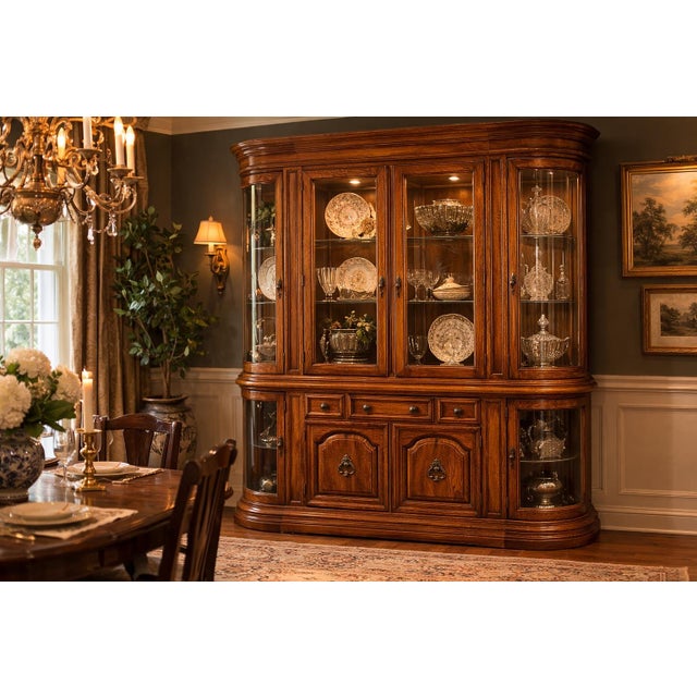 English Large Mid-20th Century Colonial Revival Oak China Cabinet With Curved Glass Display Ends & Interior Lighting — Two-Piece Hutch For Sale - Image 3 of 11