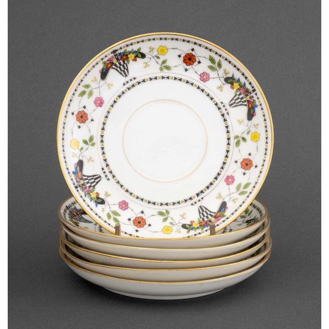 Limoges Porcelain Cream Soup Cup and Saucer Set, with black and white floral bouquet pattern, comprising: five soup cups...