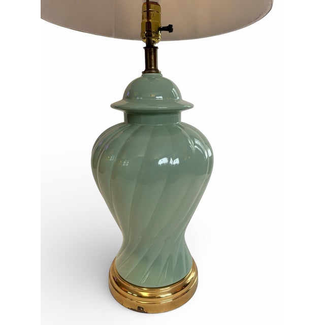 Celadon Vintage Chinese Celadon Green Ginger Jar Table Lamp, MCM Hollywood Regency Postmodern Brass Base With Finial For Sale - Image 8 of 12