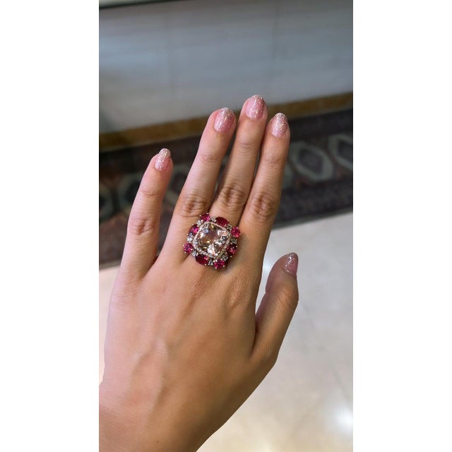 Modern Set in 18k Gold, Natural Morganite, Rubellite & Rose Cut Diamonds Cocktail Ring, Size 6 For Sale - Image 3 of 6