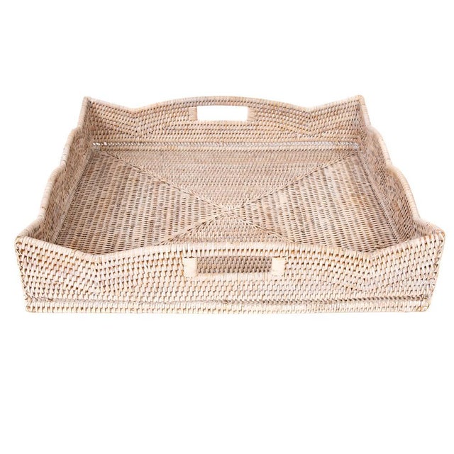 Wood Artifacts Rattan Scallop Collection Square Tray with Cutout Handles in White Wash - 20" For Sale - Image 7 of 8