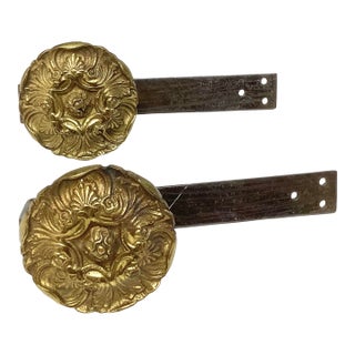 Vintage Pair Brass Medallion Curtain Tie Backs For Sale